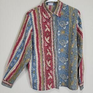 Vintage Shirt Koret Womens 10 Medium Button Up Long Sleeve Casual Floral Stripe
